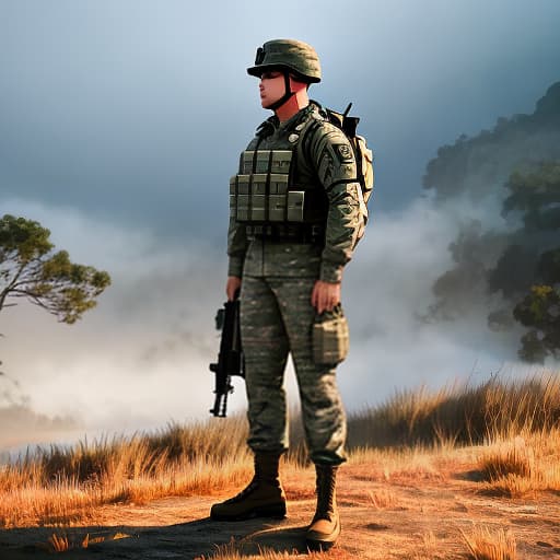  Army Apply the Following Styles Anime hyperrealistic, full body, detailed clothing, highly detailed, cinematic lighting, stunningly beautiful, intricate, sharp focus, f/1. 8, 85mm, (centered image composition), (professionally color graded), ((bright soft diffused light)), volumetric fog, trending on instagram, trending on tumblr, HDR 4K, 8K