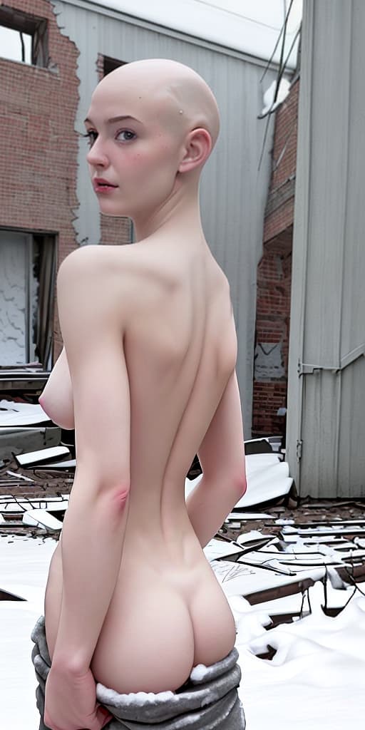  bald-girl, naked, with her back, she’s cold, it’s snowing, winter, in an abandoned building