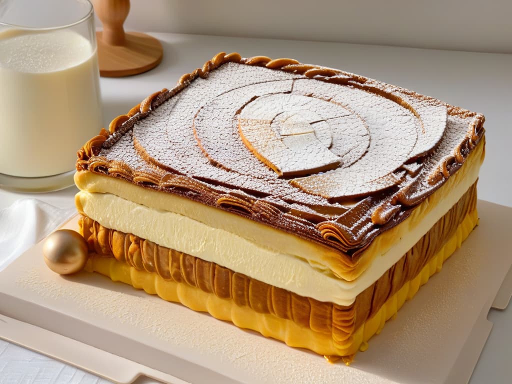  An ultradetailed closeup image of a traditional Latin American Milhojas cake, showcasing its delicate layers of flaky pastry and creamy filling. The pastry is perfectly goldenbrown, with visible layers stacked elegantly, and a dusting of powdered sugar on top. The creamy filling oozes slightly from the sides, hinting at its rich and decadent taste. The image is captured in soft, natural light, highlighting the intricate textures and inviting the viewer to indulge in the flavors and traditions of this beloved dessert. hyperrealistic, full body, detailed clothing, highly detailed, cinematic lighting, stunningly beautiful, intricate, sharp focus, f/1. 8, 85mm, (centered image composition), (professionally color graded), ((bright soft diffused light)), volumetric fog, trending on instagram, trending on tumblr, HDR 4K, 8K