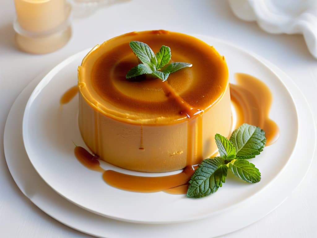  A closeup, ultradetailed photograph of a perfectly caramelized slice of pumpkin flan sitting on a delicate white porcelain plate. The creamy texture of the flan is evident, with a goldenbrown caramel glaze glistening under a soft, natural light. The plate is adorned with a single sprig of fresh mint, adding a touch of vibrant green to the elegant composition. The image captures the richness and sophistication of this traditional pumpkin flan recipe, inviting the viewer to savor every detail. hyperrealistic, full body, detailed clothing, highly detailed, cinematic lighting, stunningly beautiful, intricate, sharp focus, f/1. 8, 85mm, (centered image composition), (professionally color graded), ((bright soft diffused light)), volumetric fog, trending on instagram, trending on tumblr, HDR 4K, 8K