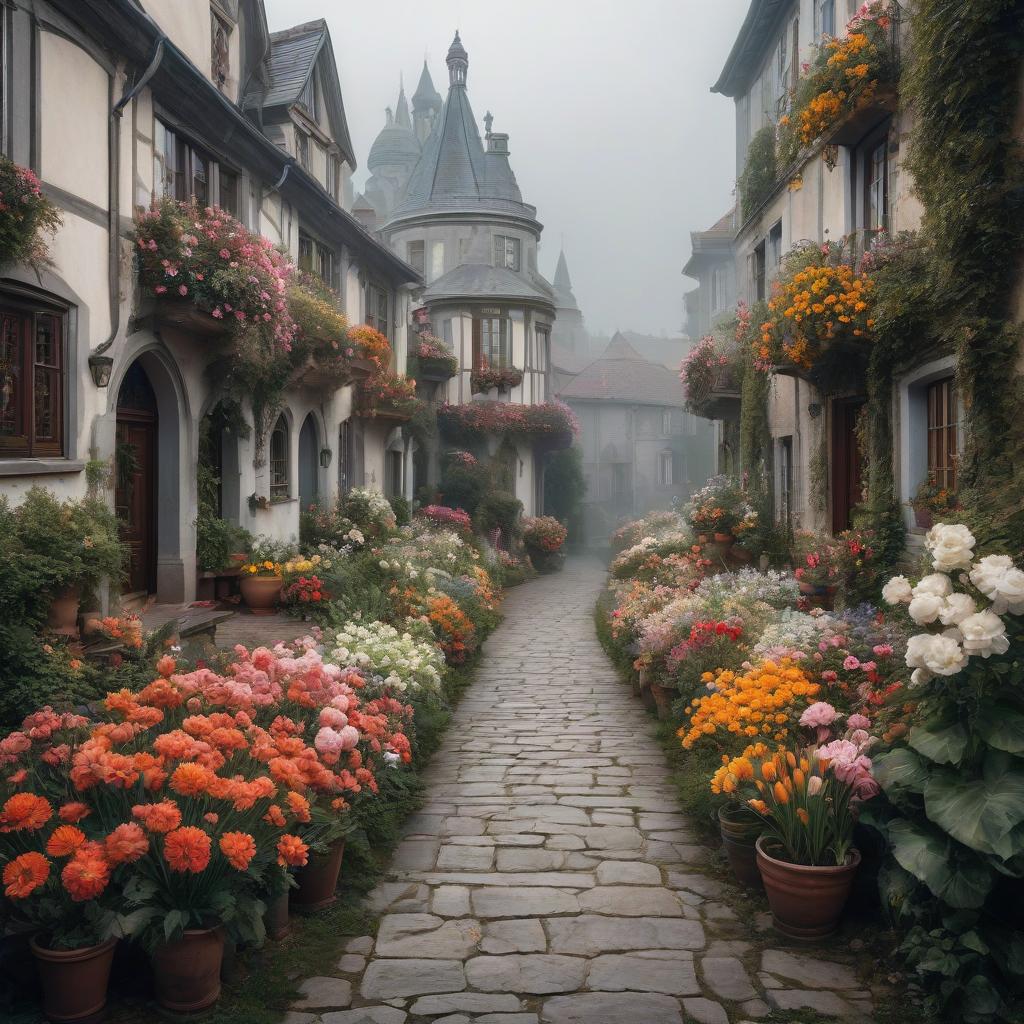  houses with flowers in front of it, white contour border, baroque border, rounded , detailed 3d Gothic oil painting, hyperrealistic, full body, detailed clothing, highly detailed, cinematic lighting, stunningly beautiful, intricate, sharp focus, f/1. 8, 85mm, (centered image composition), (professionally color graded), ((bright soft diffused light)), volumetric fog, trending on instagram, trending on tumblr, HDR 4K, 8K