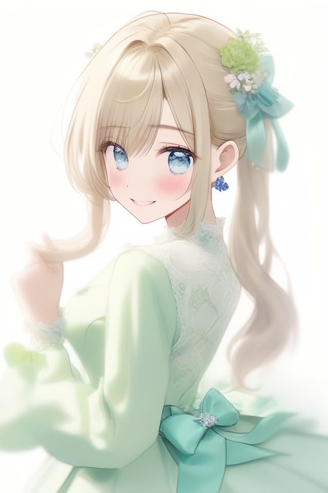  Masterpiece,one delicate lady,flaxen hair color,delicate hair color,shiny hair,ponytail,hair ornament is light green ribbon,delicate blue eye color,smiling,round collar,lace,long sleeves,light green Skirt,pretty blue brooch,background is flower,green,super high quality,super analysis,8K