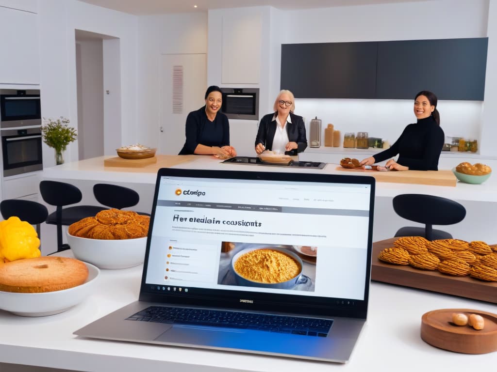  A photorealistic image of a diverse group of individuals of varying ages and backgrounds, all engaged in an online baking course. Each person is sitting at a computer with a bright, modern kitchen in the background, filled with baking ingredients, tools, and finished treats. The image showcases accessibility with features like screen readers, subtitles, and sign language interpretation visible on the screens, ensuring that everyone can participate and learn together. hyperrealistic, full body, detailed clothing, highly detailed, cinematic lighting, stunningly beautiful, intricate, sharp focus, f/1. 8, 85mm, (centered image composition), (professionally color graded), ((bright soft diffused light)), volumetric fog, trending on instagram, trending on tumblr, HDR 4K, 8K