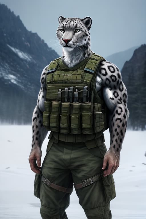  anthro, snow leopard, solo, male, adult, veiny muscles, muscular, bulletproof vest, military pants, realistic fur, detailed background, wilderness background, hyper realism, RAW photo, (realism, photorealistic:1.3), detailed, hi res hyperrealistic, full body, detailed clothing, highly detailed, cinematic lighting, stunningly beautiful, intricate, sharp focus, f/1. 8, 85mm, (centered image composition), (professionally color graded), ((bright soft diffused light)), volumetric fog, trending on instagram, trending on tumblr, HDR 4K, 8K