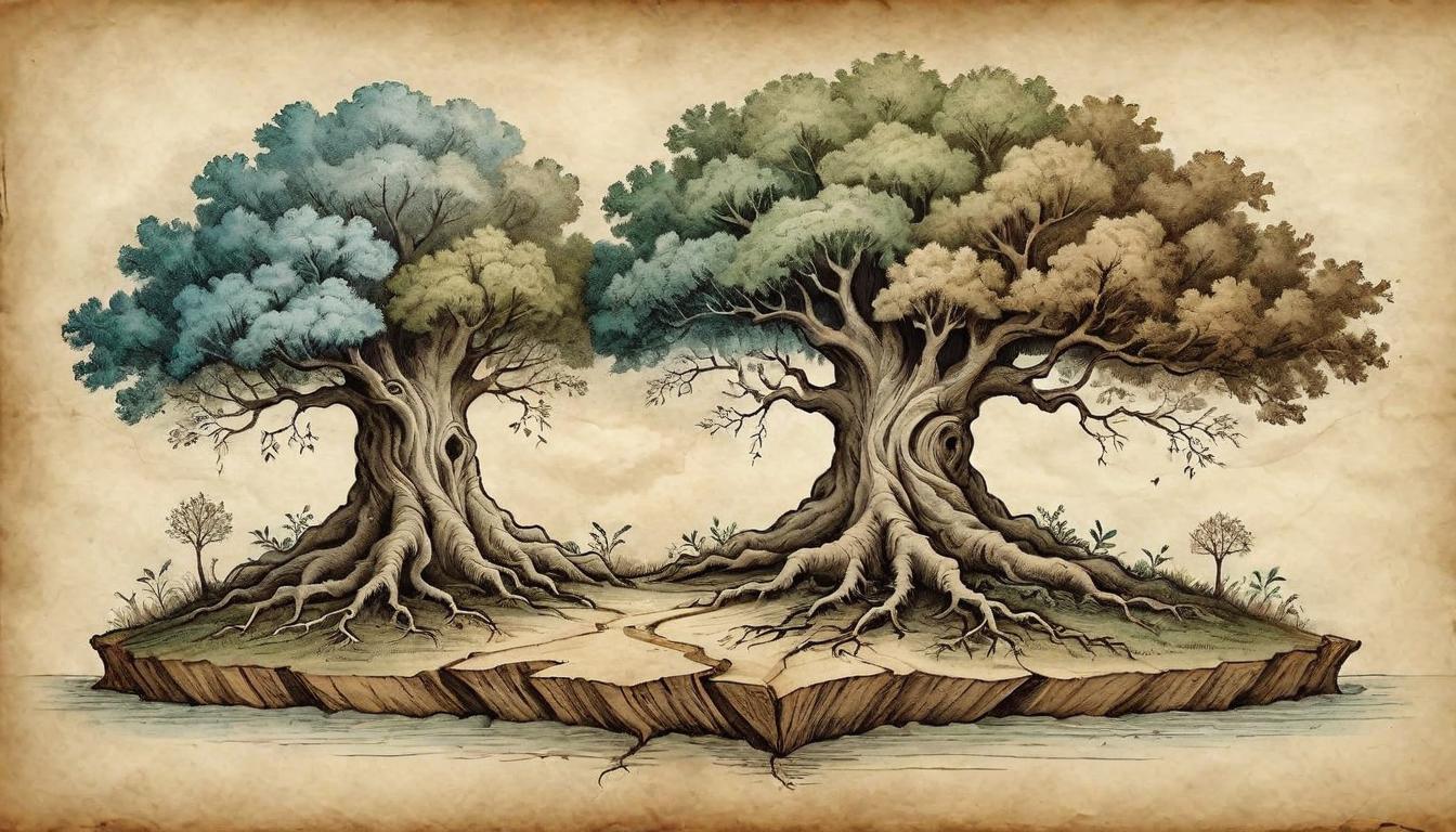  on parchment, surrealism+++, Two trees with intertwined roots growing towards each other, symbolizing a deep and authentic bond that stands in contrast to superficial ties. Trees robust and intertwining, roots deep and connected, natural unity and strength versus artificial connections, symbiotic, enduring(mysterious, provocative, symbolic,muted color)+++