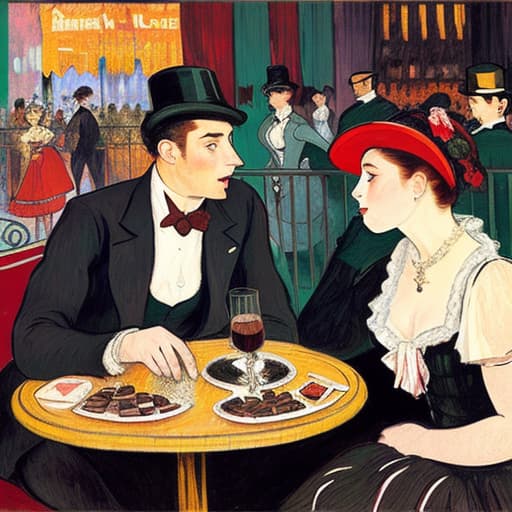  attractive young Parisian couple dressed in modern designer outfits who are romantically together in Paris. Foreground a small plate of fine dark chocolates on a small wooden table. Background dusk with a light of the inside the Moulin Rouge during a show. Painting style of Henri de Toulouse-Lautrec