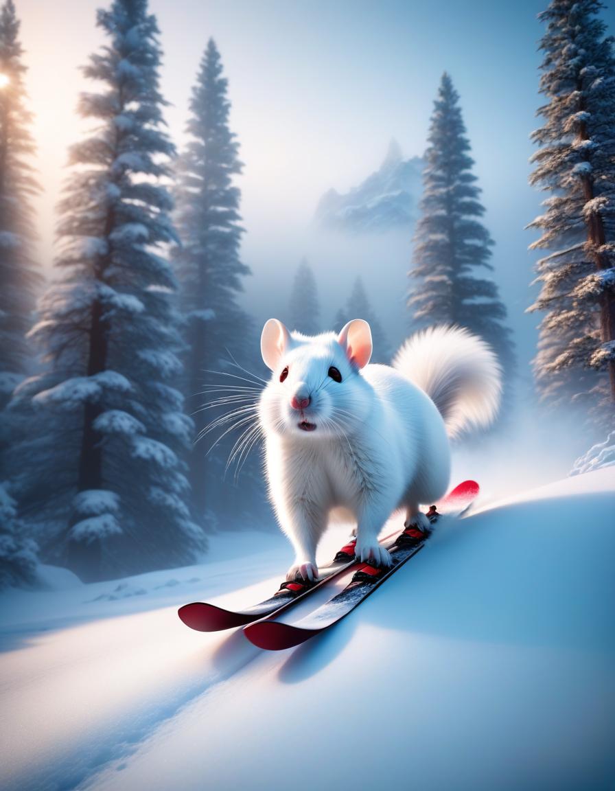  Fantasy, skiing adventure, winter, snow, pine trees, mountainside, a girl is skiing down a mountainside, her big fluffy white rat is running in front of her. hyperrealistic, full body, detailed clothing, highly detailed, cinematic lighting, stunningly beautiful, intricate, sharp focus, f/1. 8, 85mm, (centered image composition), (professionally color graded), ((bright soft diffused light)), volumetric fog, trending on instagram, trending on tumblr, HDR 4K, 8K