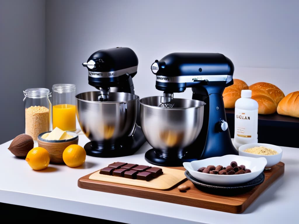  An 8k ultradetailed image of a sleek, modern kitchen countertop with a highend stand mixer in a soft, elegant color like matte black or brushed silver. The mixer is surrounded by carefully arranged bowls of premium baking ingredients such as Madagascar vanilla beans, Belgian chocolate chunks, organic eggs, and fresh raspberries. The lighting is soft and natural, highlighting the luxurious textures and colors of the ingredients, creating a visually stunning and aspirational image for premium baking enthusiasts. hyperrealistic, full body, detailed clothing, highly detailed, cinematic lighting, stunningly beautiful, intricate, sharp focus, f/1. 8, 85mm, (centered image composition), (professionally color graded), ((bright soft diffused light)), volumetric fog, trending on instagram, trending on tumblr, HDR 4K, 8K