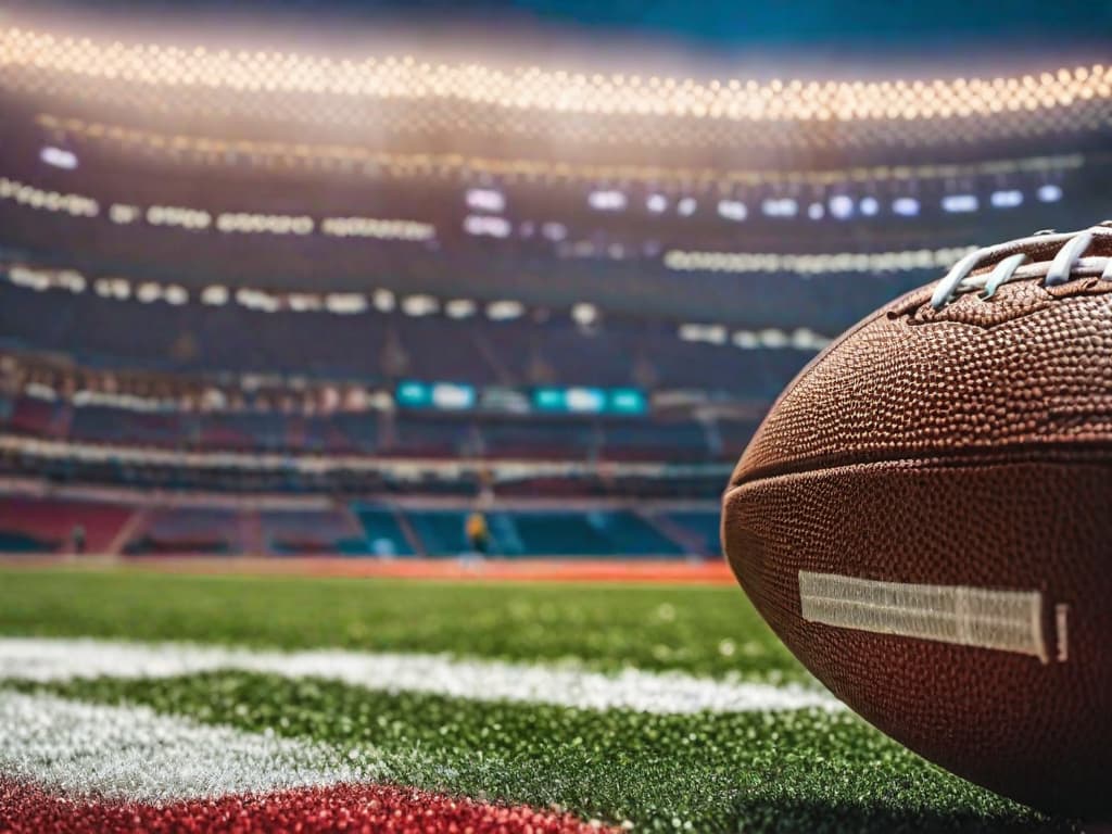  A close-up of a textured American football on the field, with the NFL logo prominently displayed, and a stadium full of cheering fans blurred in the background under bright stadium lights. digital art, ilustration, no flares, clean hyperrealistic, full body, detailed clothing, highly detailed, cinematic lighting, stunningly beautiful, intricate, sharp focus, f/1. 8, 85mm, (centered image composition), (professionally color graded), ((bright soft diffused light)), volumetric fog, trending on instagram, trending on tumblr, HDR 4K, 8K