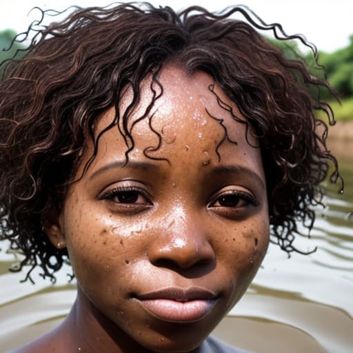  african woman's face with short and curly hair drowning in the river