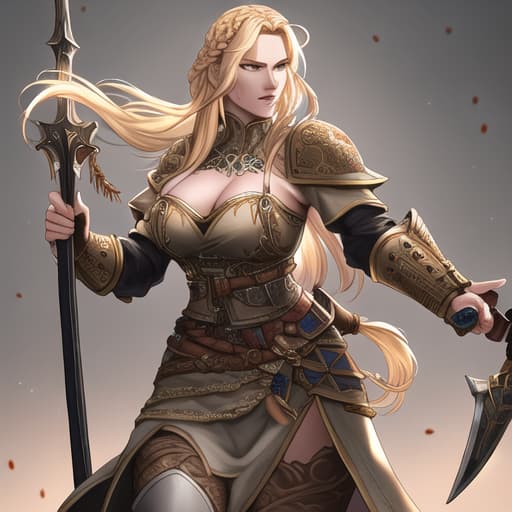  ((best quality)), ((work of art)), (detailed), perfect face, A blonde, muscular Viking woman with braided hair, she holds a Scandinavian shield in her right hand and a spear in her left hand, she screams in rage and fury, her face full of blood. hyperrealistic, full body, detailed clothing, highly detailed, cinematic lighting, stunningly beautiful, intricate, sharp focus, f/1. 8, 85mm, (centered image composition), (professionally color graded), ((bright soft diffused light)), volumetric fog, trending on instagram, trending on tumblr, HDR 4K, 8K
