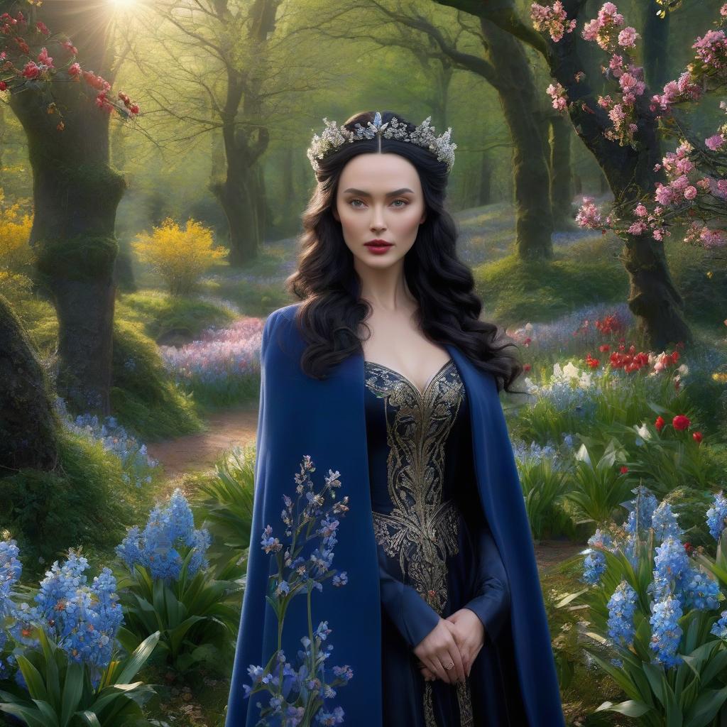  Luthien Tinuviel. A very pretty girl. Forest, silver crown on her forehead, blue coat. ((Sparkling rim)): spring field, hyacinths, roses, rosehips, rose hips, peonies, cherry tree, yellow, red, black flowers, forget me nots. hyperrealistic, full body, detailed clothing, highly detailed, cinematic lighting, stunningly beautiful, intricate, sharp focus, f/1. 8, 85mm, (centered image composition), (professionally color graded), ((bright soft diffused light)), volumetric fog, trending on instagram, trending on tumblr, HDR 4K, 8K