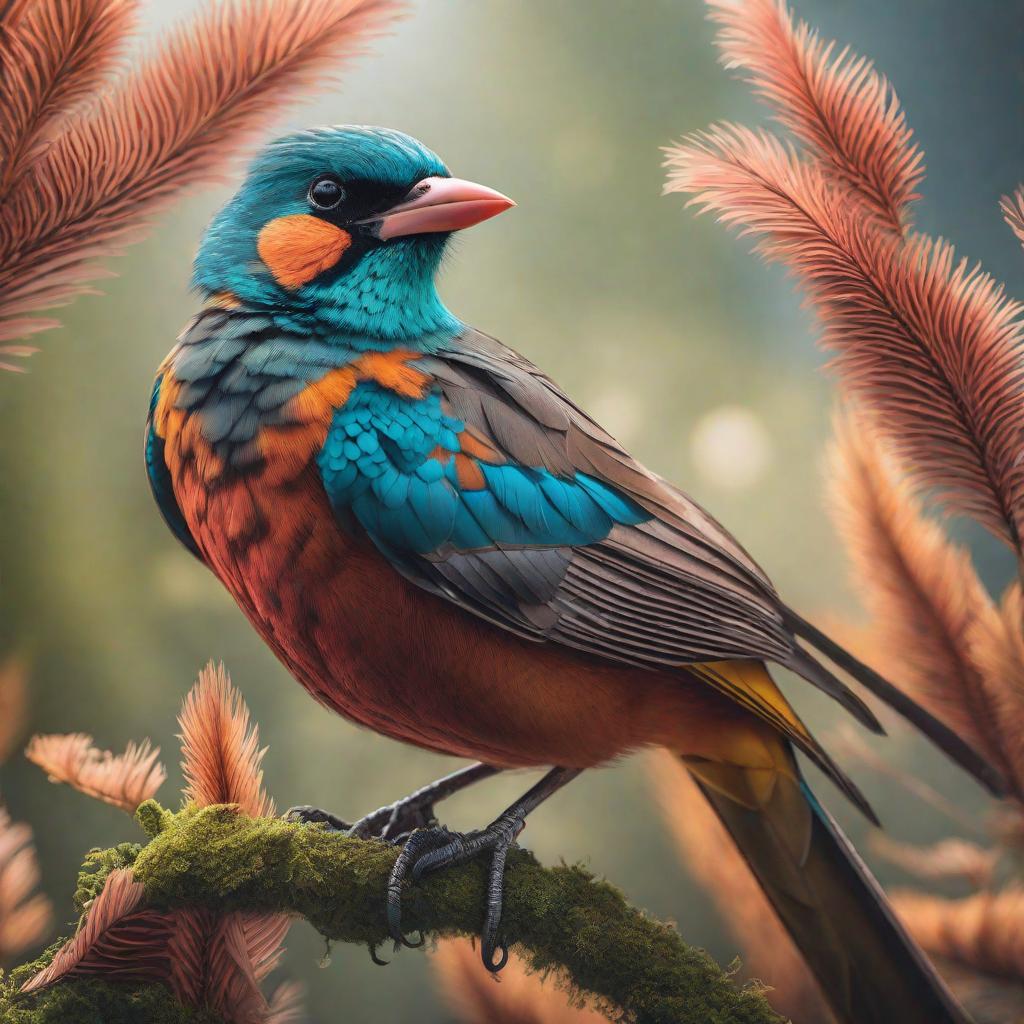  Oiseaux avec sur chacune des plumes colorés écrit R,A,L, B, J, Z, C, M, L. hyperrealistic, full body, detailed clothing, highly detailed, cinematic lighting, stunningly beautiful, intricate, sharp focus, f/1. 8, 85mm, (centered image composition), (professionally color graded), ((bright soft diffused light)), volumetric fog, trending on instagram, trending on tumblr, HDR 4K, 8K