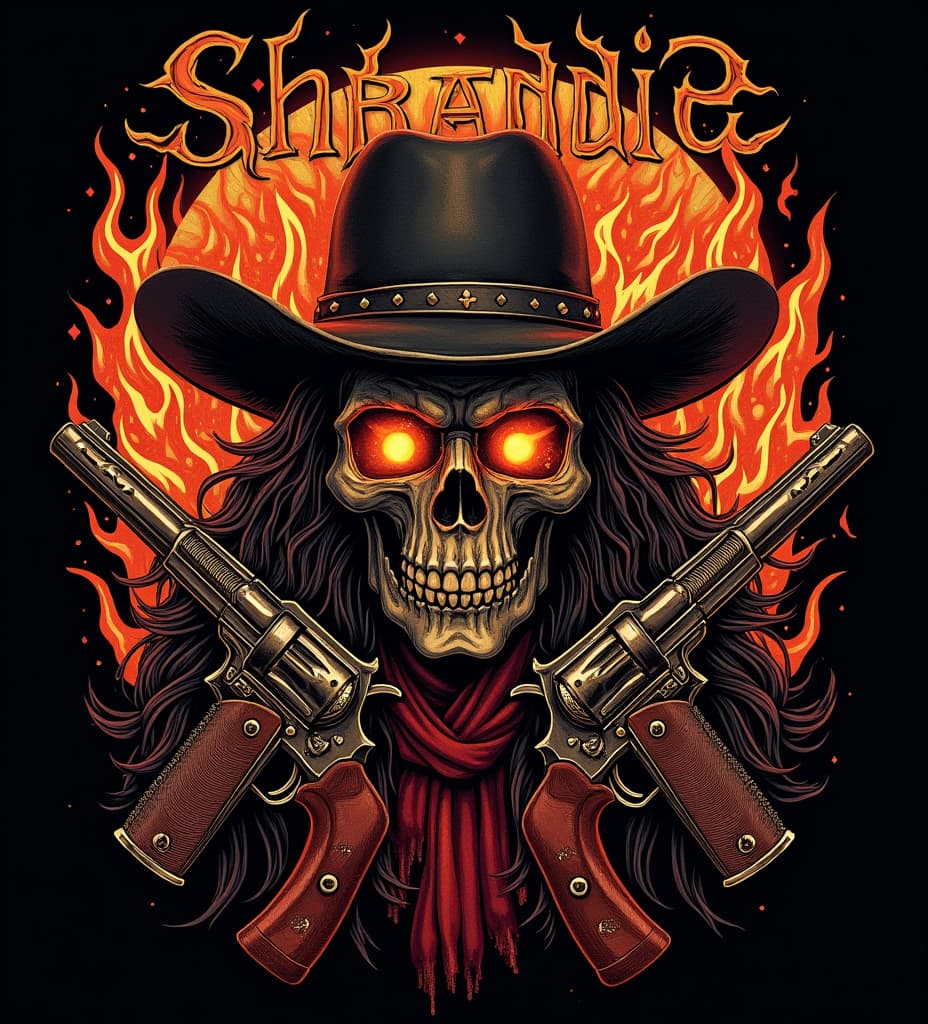  good quality, high quality, metal shirt design. there are designs related to metal music. fire and melting. organs are strewn about. the letters "shreddie" on top of the design with epic font. wild western themes and design elements are on the shirt as well. revolvers and outlaw elements. gore an