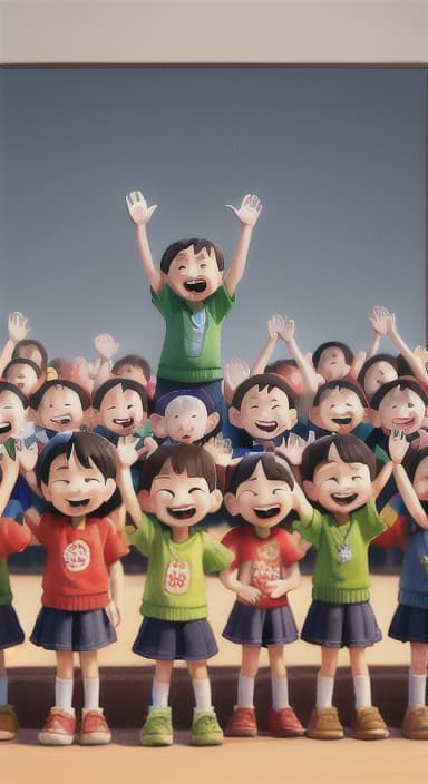  {A heartwarming scene of all the children waving goodbye with happy expressions., Children waving with wide smiles, looking grateful and content.