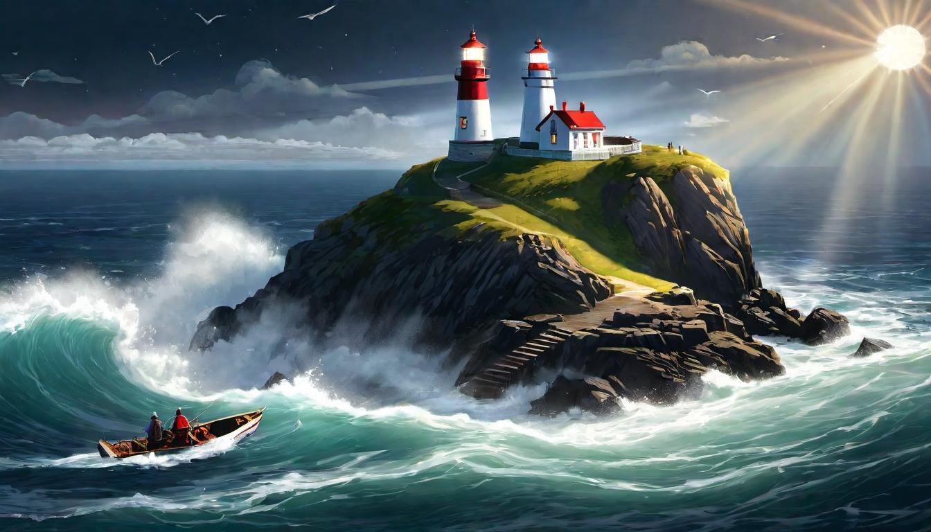  digital illustration, A lighthouse on a cliff, light beaming across dark waters, small boats moving towards the light, beacon, guidance, inspiration, looking at viewer, dynamic pose, (intricate details, masterpiece, best quality)