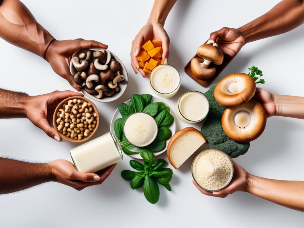  A minimalist, ultradetailed image of a diverse group of people, each holding different types of plantbased foods rich in vitamin D, such as mushrooms, fortified plant milks, and tofu, against a clean, white background. Each person is depicted with intricate details showcasing a variety of skin tones and clothing styles, symbolizing the inclusivity of veganism and the diverse sources of vitamin D available in plantbased diets. hyperrealistic, full body, detailed clothing, highly detailed, cinematic lighting, stunningly beautiful, intricate, sharp focus, f/1. 8, 85mm, (centered image composition), (professionally color graded), ((bright soft diffused light)), volumetric fog, trending on instagram, trending on tumblr, HDR 4K, 8K