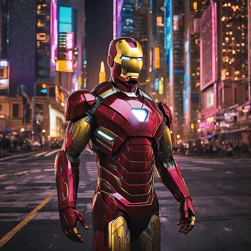  masterpiece, best quality, Best quality, masterpiece, 8k resolution, realistic, highly detailed, close up of Iron Man. In a cyberpunk-style night scene of the city, he stands on a street lined with tall buildings. The city's night lights are bright, The surrounding buildings and streets are filled with cyberpunk elements such as neon lights, high-tech devices, and futuristic architectural designs.