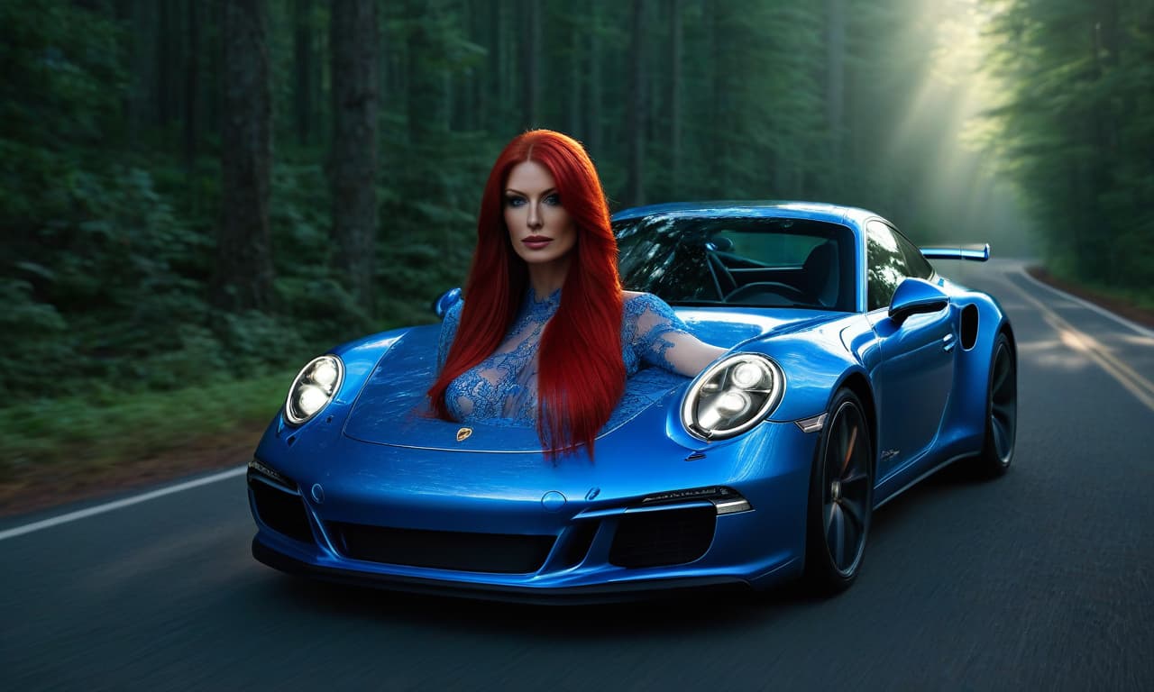  Forest road, a with long red hair, in lace , next to a Porsche 911 Carrera S in Mayhem Blue. hyperrealistic, full body, detailed clothing, highly detailed, cinematic lighting, stunningly beautiful, intricate, sharp focus, f/1. 8, 85mm, (centered image composition), (professionally color graded), ((bright soft diffused light)), volumetric fog, trending on instagram, trending on tumblr, HDR 4K, 8K