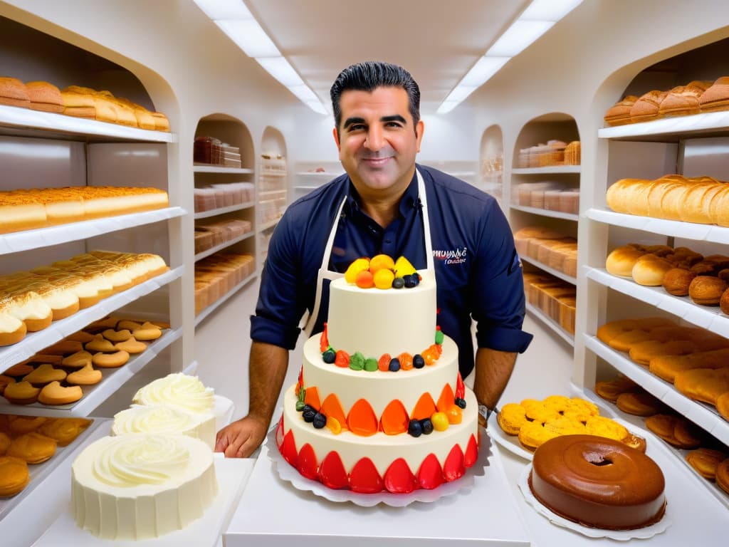  A serene, minimalistic image of Buddy Valastro in his bakery, surrounded by shelves of freshly baked goods, focused on his hands expertly decorating a cake with intricate details using a piping bag filled with colorful frosting. The scene captures the essence of creativity, precision, and passion in the world of global pastry making, symbolizing Buddy Valastro's journey from a small bakery to international fame. hyperrealistic, full body, detailed clothing, highly detailed, cinematic lighting, stunningly beautiful, intricate, sharp focus, f/1. 8, 85mm, (centered image composition), (professionally color graded), ((bright soft diffused light)), volumetric fog, trending on instagram, trending on tumblr, HDR 4K, 8K