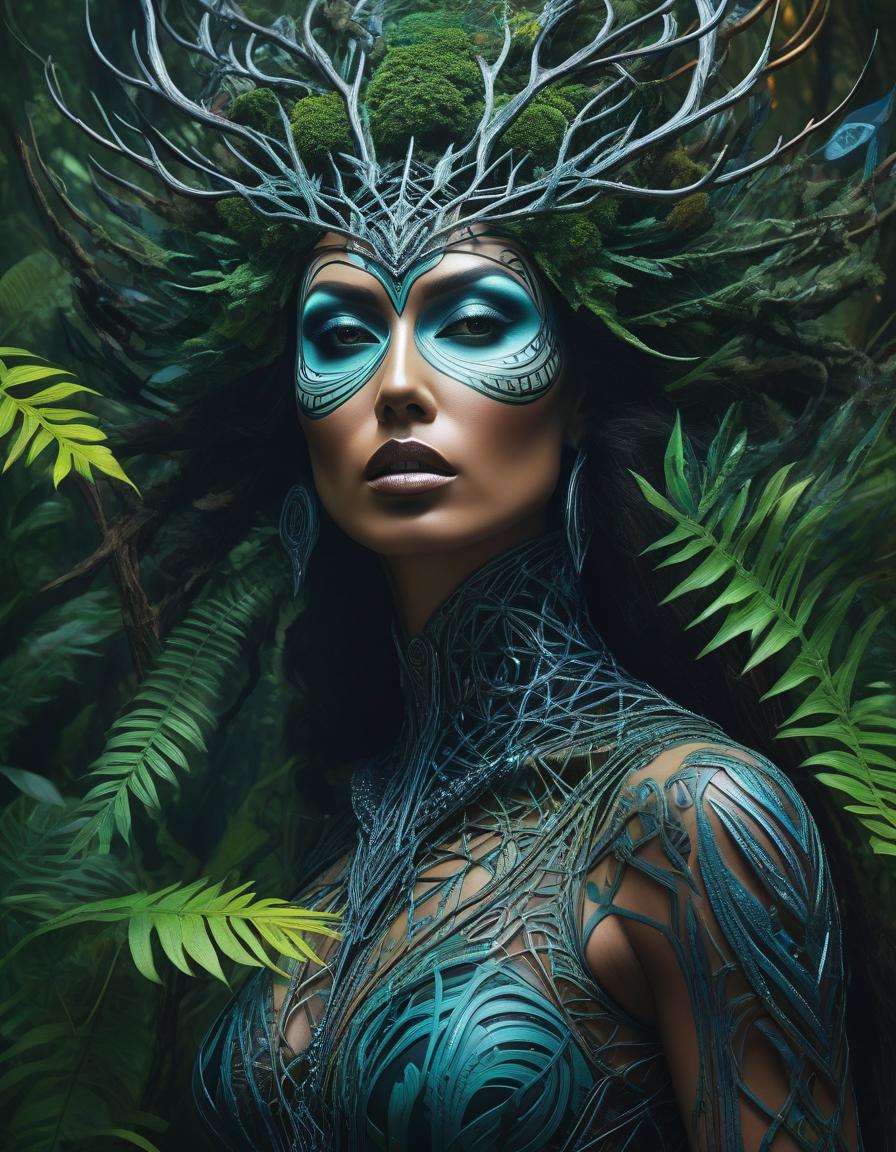  abstract expressionist painting A stunning digital painting of a mysterious forest woman with intricate details, geometric patterns, and surreal elements. The artwork is highly detailed, photorealistic, and beautifully balanced, showcasing a masterful blend of fantasy and realism. . energetic brushwork, bold colors, abstract forms, expressive, emotional hyperrealistic, full body, detailed clothing, highly detailed, cinematic lighting, stunningly beautiful, intricate, sharp focus, f/1. 8, 85mm, (centered image composition), (professionally color graded), ((bright soft diffused light)), volumetric fog, trending on instagram, trending on tumblr, HDR 4K, 8K