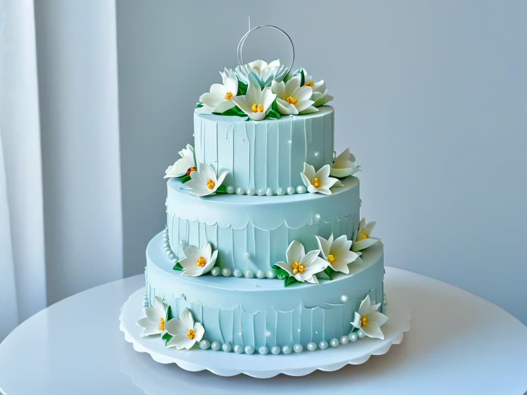  An ultradetailed image showcasing a closeup of a beautifully decorated tiered cake, featuring intricate piping work, delicate sugar flowers, and shimmering edible pearls. The cake is set against a soft, blurred background to highlight its exquisite details, with the focus on the precise craftsmanship and artistry involved in pastry creation. hyperrealistic, full body, detailed clothing, highly detailed, cinematic lighting, stunningly beautiful, intricate, sharp focus, f/1. 8, 85mm, (centered image composition), (professionally color graded), ((bright soft diffused light)), volumetric fog, trending on instagram, trending on tumblr, HDR 4K, 8K