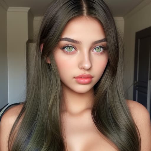  A girl with olive green eyes, bronzed skin and full lips with DARK BLUE long hair.