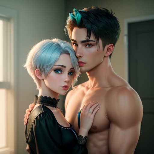  A young looking Caucasian male vampire wity short blonde hair and blue eyes with a swimmers build is in love with a young looking Ebony female siren with teal hair and hazel eyes and a thin but curvy build, hyperrealistic, high quality, highly detailed, perfect lighting, intricate, sharp focus, f/1. 8, 85mm, (centered image composition), (professionally color graded), ((bright soft diffused light)), trending on instagram, HDR 4K, 8K