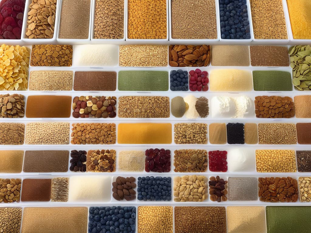  An image of an elegantly arranged assortment of various types of granola and cereal grains, showcasing a rich variety of textures and colors. The grains are neatly organized in individual transparent containers, with labels indicating their unique flavors and ingredients. The backdrop is a simple, clean white surface, emphasizing the natural beauty and diversity of the cereals. hyperrealistic, full body, detailed clothing, highly detailed, cinematic lighting, stunningly beautiful, intricate, sharp focus, f/1. 8, 85mm, (centered image composition), (professionally color graded), ((bright soft diffused light)), volumetric fog, trending on instagram, trending on tumblr, HDR 4K, 8K