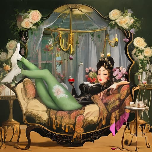  A woman's body painting with Dali style. The elements in the picture include bed, wine glass, curtains and flowers.