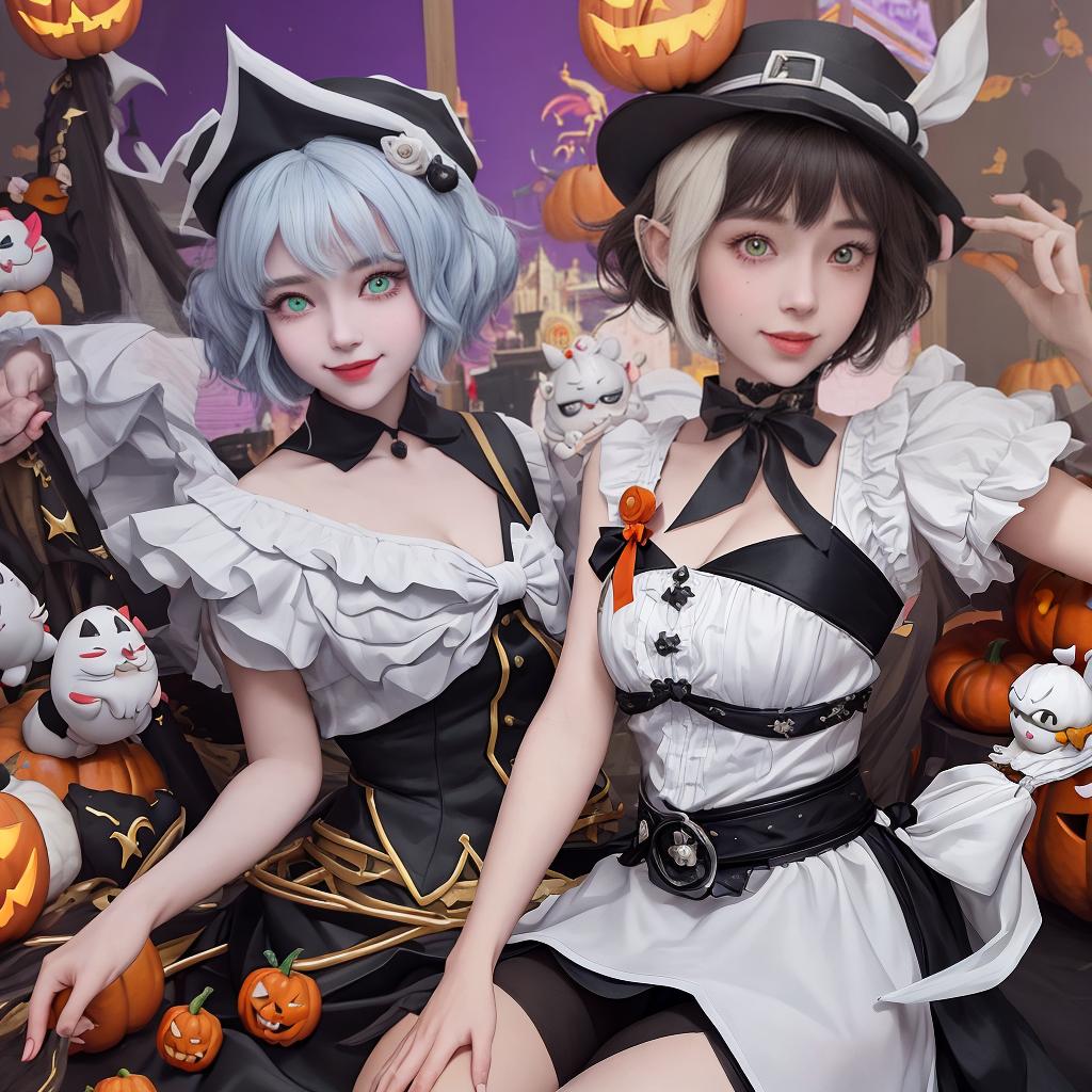  masterpiece, best quality,The personification of the Halloween holiday in the form of a cute girl with short hair and a villain's smile, (((cute girl)))cute hats, cute cheeks, unreal engine, highly detailed, artgerm digital illustration, woo tooth, studio ghibli, deviantart, sharp focus, artstation, by Alexei Vinogradov bakery, sweets, emerald eyes,