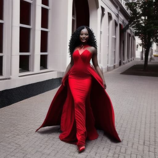  A black woman in red long gown and wine long wavy hair , high heels