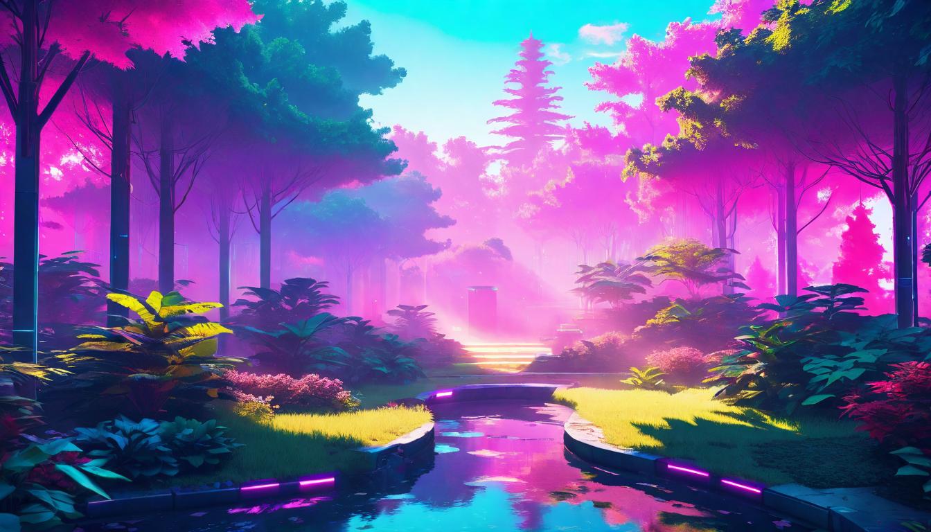  vaporwave,cyberpunk game style A tranquil garden at dawn, soft sunlight piercing through the trees, a soothing aura enveloping all, two shadows cast on the ground, close yet separate, tranquility permeating, nature's calm.eon, dystopian, futuristic, digital, vibrant, detailed, high contrast, reminiscent of cyberpunk genre video games,retro aesthetic, cyberpunk, vibrant, neon colors, vintage 80s and 90s style, highly detailed