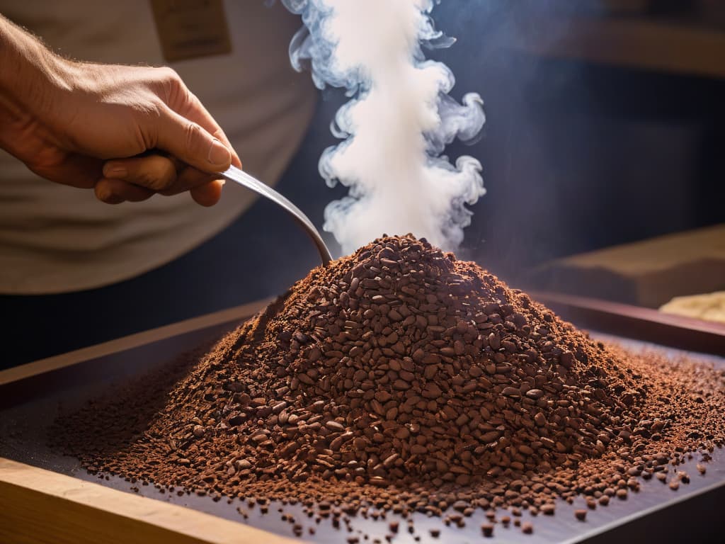  A closeup, highresolution image of cocoa beans being handselected by a chocolatier against a soft, blurred background of a traditional chocolatemaking workshop. The rich browns of the beans stand out vividly, showcasing their texture and shine, while the skilled hands of the chocolatier delicately sift through them, exuding expertise and passion for the craft. The minimalistic composition emphasizes the raw beauty of the ingredients and the artisanal process, inviting the viewer to appreciate the artistry behind chocolatemaking. hyperrealistic, full body, detailed clothing, highly detailed, cinematic lighting, stunningly beautiful, intricate, sharp focus, f/1. 8, 85mm, (centered image composition), (professionally color graded), ((bright soft diffused light)), volumetric fog, trending on instagram, trending on tumblr, HDR 4K, 8K