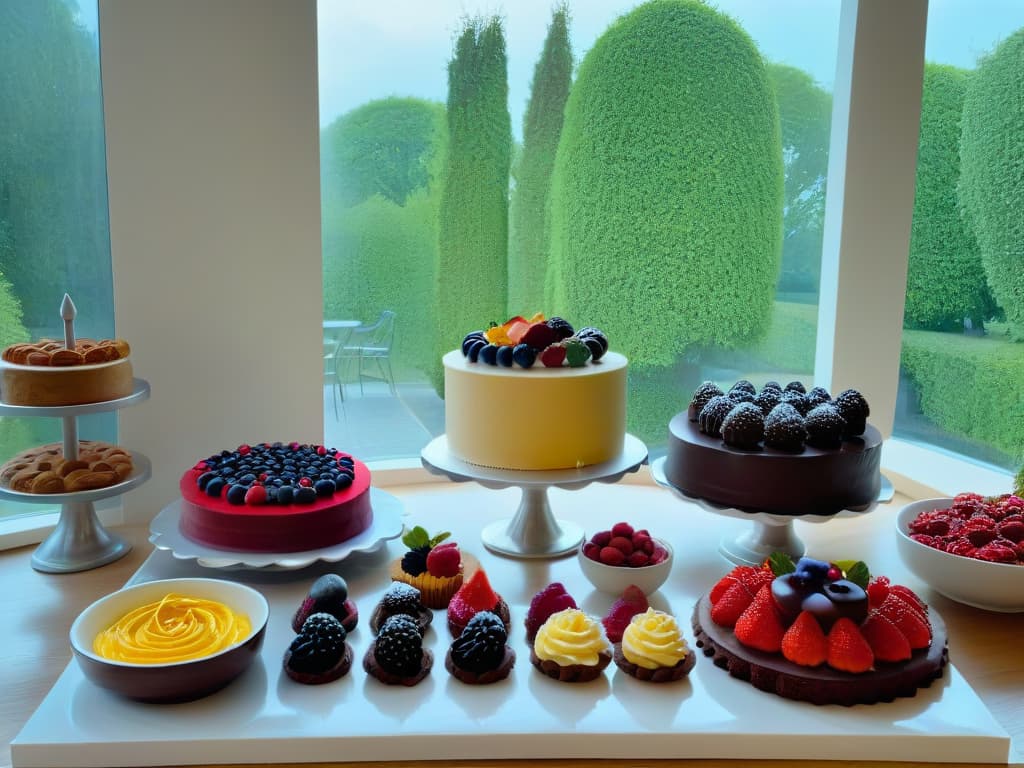  A highresolution image of a sleek, modern kitchen with a marble countertop displaying an array of colorful and beautifully decorated desserts on elegant cake stands, surrounded by neatly arranged baking tools and ingredients such as vanilla beans, fresh berries, and chocolate shavings. The soft natural light coming in through a large window highlights the intricate details of the desserts, creating a visually appealing and inviting scene for any baking enthusiast. hyperrealistic, full body, detailed clothing, highly detailed, cinematic lighting, stunningly beautiful, intricate, sharp focus, f/1. 8, 85mm, (centered image composition), (professionally color graded), ((bright soft diffused light)), volumetric fog, trending on instagram, trending on tumblr, HDR 4K, 8K