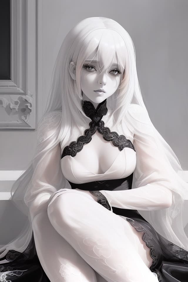  ((black and white monochrome illustration))(cool beautiful girl),masterpiece,((beautiful girl with glossy white hair)),(wearing full black lace dress,) cool and nice body,sitting on stairs,ennui (close up of upper body),high quality,8K,16K