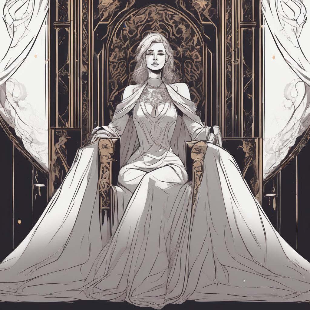  The prompt is requesting a visual concept art, digital illustration, logo, with smooth, clear lines, vector style, high detailization, depicting a woman, Rianna, sitting on a throne in a gown.