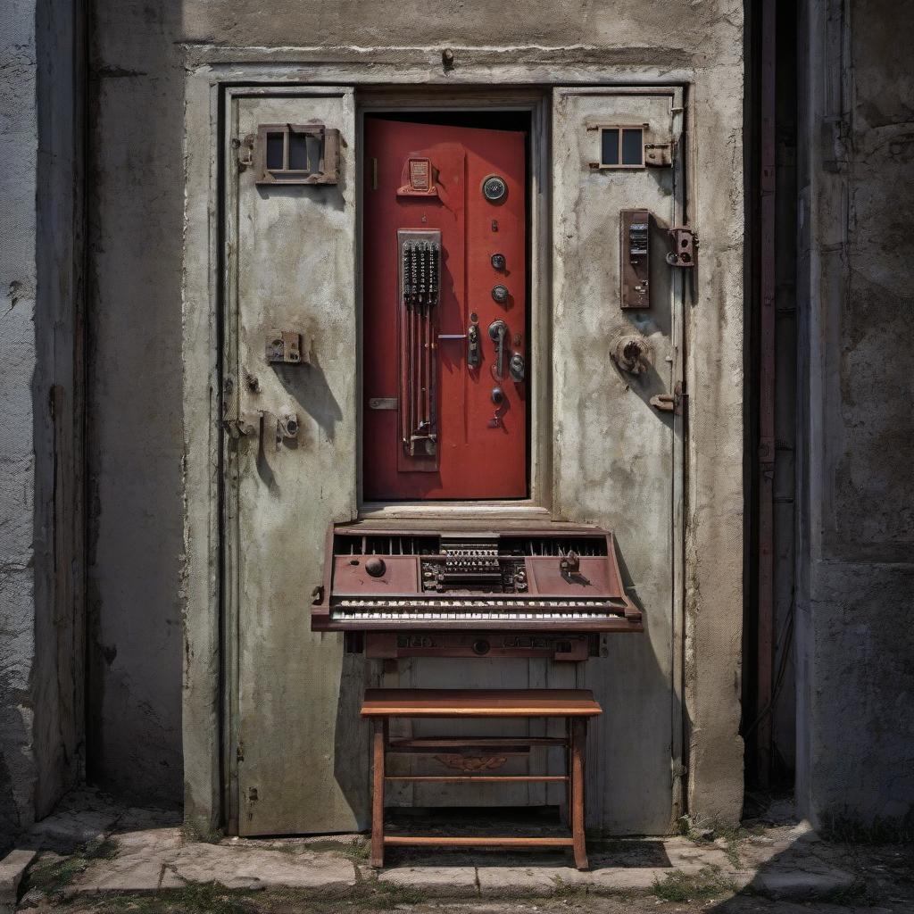  HDR photo of Soviet real life door to a studio where 12 locks are depicted and entry is via a keyboard with letter keys. . High dynamic range, vivid, rich details, clear shadows and highlights, realistic, intense, enhanced contrast, highly detailed hyperrealistic, full body, detailed clothing, highly detailed, cinematic lighting, stunningly beautiful, intricate, sharp focus, f/1. 8, 85mm, (centered image composition), (professionally color graded), ((bright soft diffused light)), volumetric fog, trending on instagram, trending on tumblr, HDR 4K, 8K