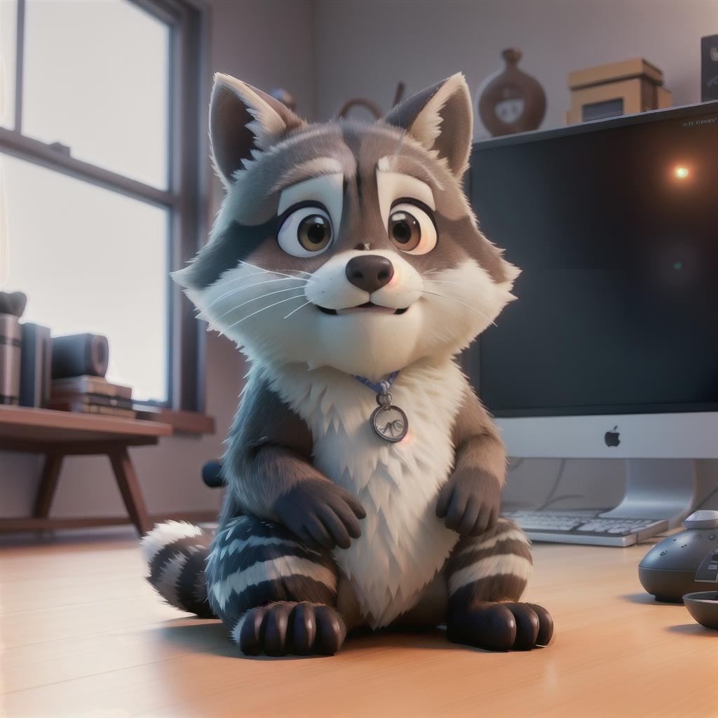  raccoon sitting in gaming chair front a computer on desktop, ((semi anthropomorphic)),(full body), tail, belly, sitting, fat, (chubby), (((white background))), solo, desktop, gaming chair, side view,  [[[clothes]]] hyperrealistic, full body, detailed clothing, highly detailed, cinematic lighting, stunningly beautiful, intricate, sharp focus, f/1. 8, 85mm, (centered image composition), (professionally color graded), ((bright soft diffused light)), volumetric fog, trending on instagram, trending on tumblr, HDR 4K, 8K