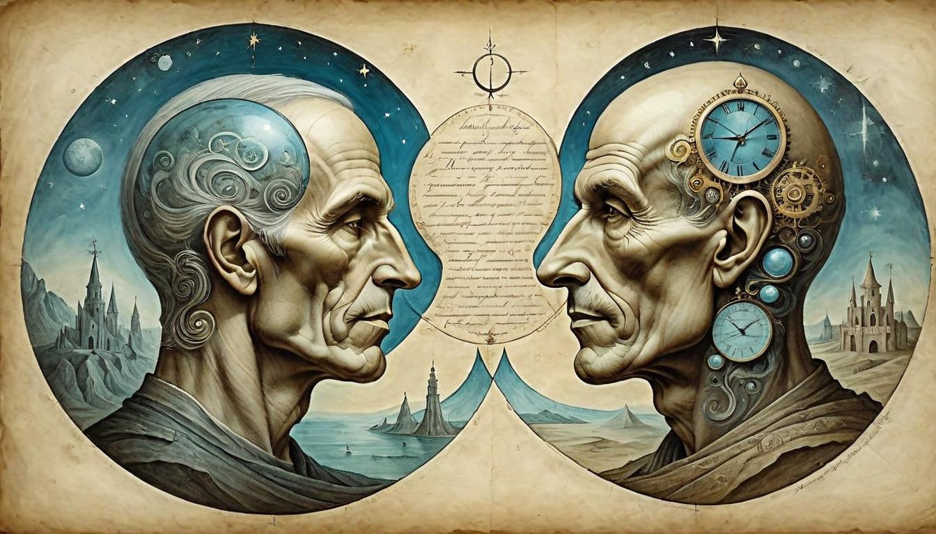  on parchment, surrealism+++, Figure morphing between youthful and aged, reflective surface showing duality of time, depth of timeless knowledge, shimmering transitions(mysterious, provocative, symbolic,muted color)+++