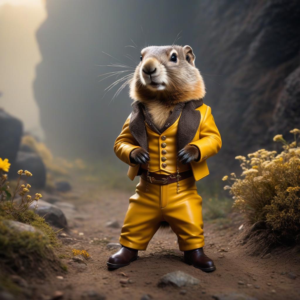  cinematic film still A dancing marmot wearing yellow boots. In steampunk style. ``` a dancing marmot wearing yellow boots. in a steampunk style. ``` . shallow depth of field, vignette, highly detailed, high budget, bokeh, cinemascope, moody, epic, gorgeous, film grain, grainy hyperrealistic, full body, detailed clothing, highly detailed, cinematic lighting, stunningly beautiful, intricate, sharp focus, f/1. 8, 85mm, (centered image composition), (professionally color graded), ((bright soft diffused light)), volumetric fog, trending on instagram, trending on tumblr, HDR 4K, 8K