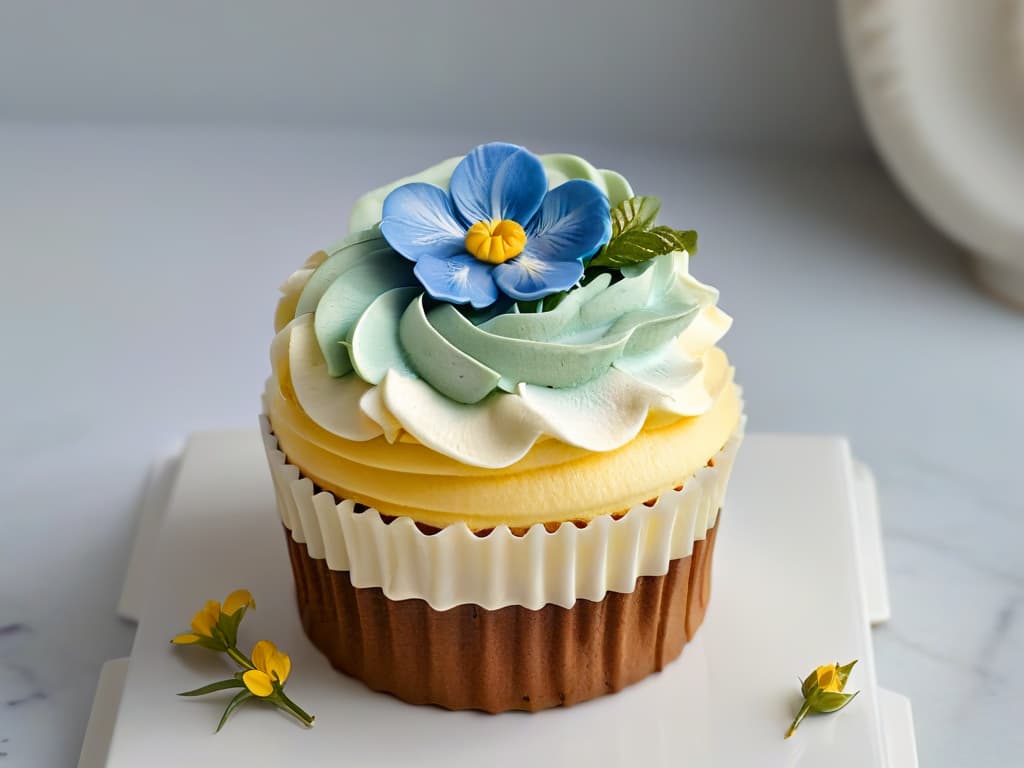  A closeup, ultradetailed image of a delicate, intricately designed cupcake with smooth, glossy icing, adorned with tiny edible flowers and gold leaf accents. The cupcake sits on a pristine white marble countertop, casting a soft shadow, with impeccable lighting that highlights every meticulous detail of the artful confection. hyperrealistic, full body, detailed clothing, highly detailed, cinematic lighting, stunningly beautiful, intricate, sharp focus, f/1. 8, 85mm, (centered image composition), (professionally color graded), ((bright soft diffused light)), volumetric fog, trending on instagram, trending on tumblr, HDR 4K, 8K