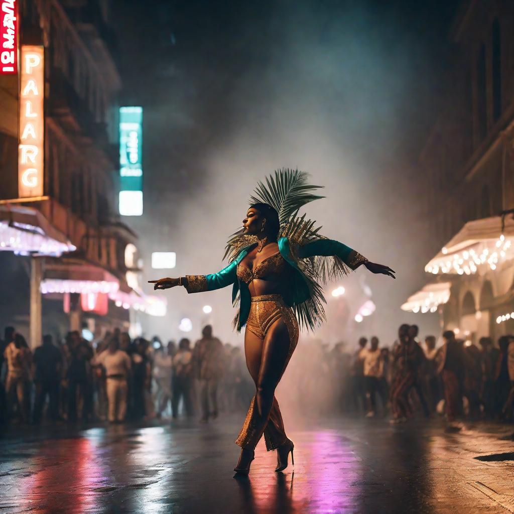  Gente bailando en una noche tormentosa en una ciudad con palmeras hyperrealistic, full body, detailed clothing, highly detailed, cinematic lighting, stunningly beautiful, intricate, sharp focus, f/1. 8, 85mm, (centered image composition), (professionally color graded), ((bright soft diffused light)), volumetric fog, trending on instagram, trending on tumblr, HDR 4K, 8K