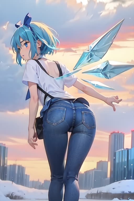  Cirno, from behind, jeans, bent over, ice wings, skinny