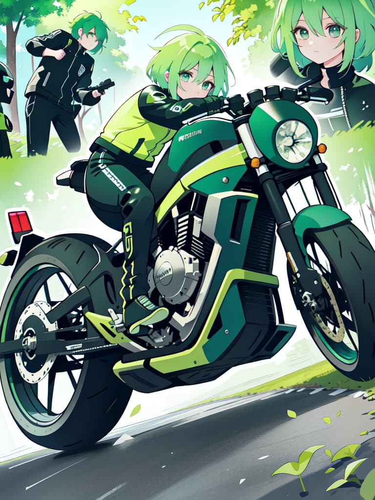  Motorcycle green hair character, masterpiece, best quality,8k,ultra detailed,high resolution,an extremely delicate and beautiful,hyper detail