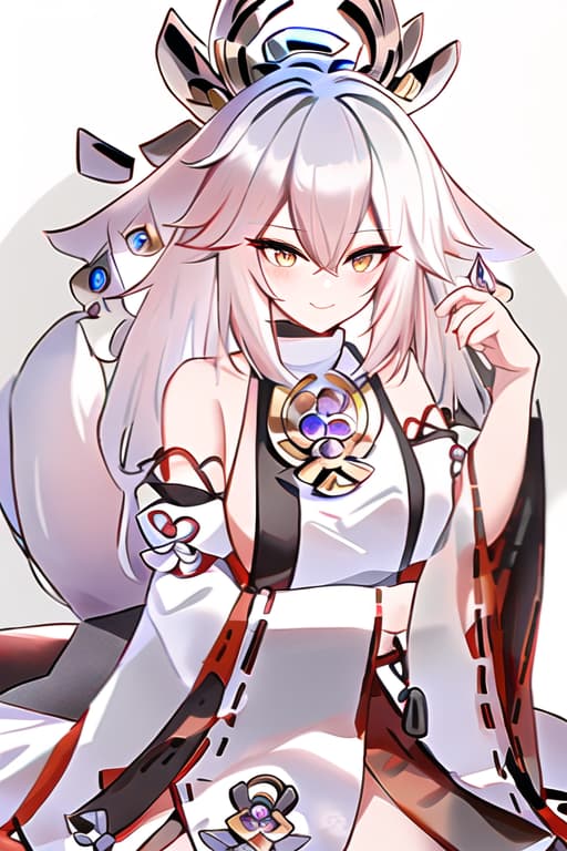  black and white eyes ,black and grey hair ,wolf ears and tail,(yae miko:1.3), (masterpiece), (highest quality), (intricate), (high detail)