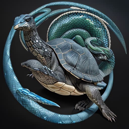  Xuanwu is usually depicted as a giant turtle or turtle-snake hybrid. Its head resembles that of a turtle, with a hard shell with strong lines and patterns. Its eyes are usually dark black, giving off a mysterious and sedate aura. The body of a tortoise is a combination of a turtle and a snake, with a pair of strong legs on its shell and a flexible posture extending from the bottom of its shell. The snake is usually depicted as black or dark blue with delicate scales. The tail of a basaltic is usually depicted as a snake's tail, slender and powerful. The overall image of a basaltic gives a sense of firmness, stability and gravity. ，