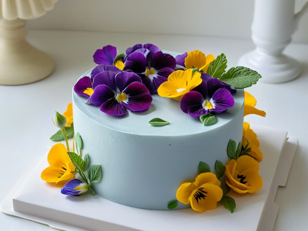  A closeup, photorealistic image of a delicate, intricately designed cake adorned with a variety of vibrant edible flowers such as pansies, roses, and violets. The flowers are perfectly placed on the frosting, adding a pop of color and elegance to the dessert. The details of the petals, stamens, and leaves are incredibly lifelike, showcasing the beauty and artistry of using edible flowers in pastry decoration. The lighting highlights the textures and colors, making the image visually striking and inspiring for readers interested in incorporating edible flowers into their baking creations. hyperrealistic, full body, detailed clothing, highly detailed, cinematic lighting, stunningly beautiful, intricate, sharp focus, f/1. 8, 85mm, (centered image composition), (professionally color graded), ((bright soft diffused light)), volumetric fog, trending on instagram, trending on tumblr, HDR 4K, 8K