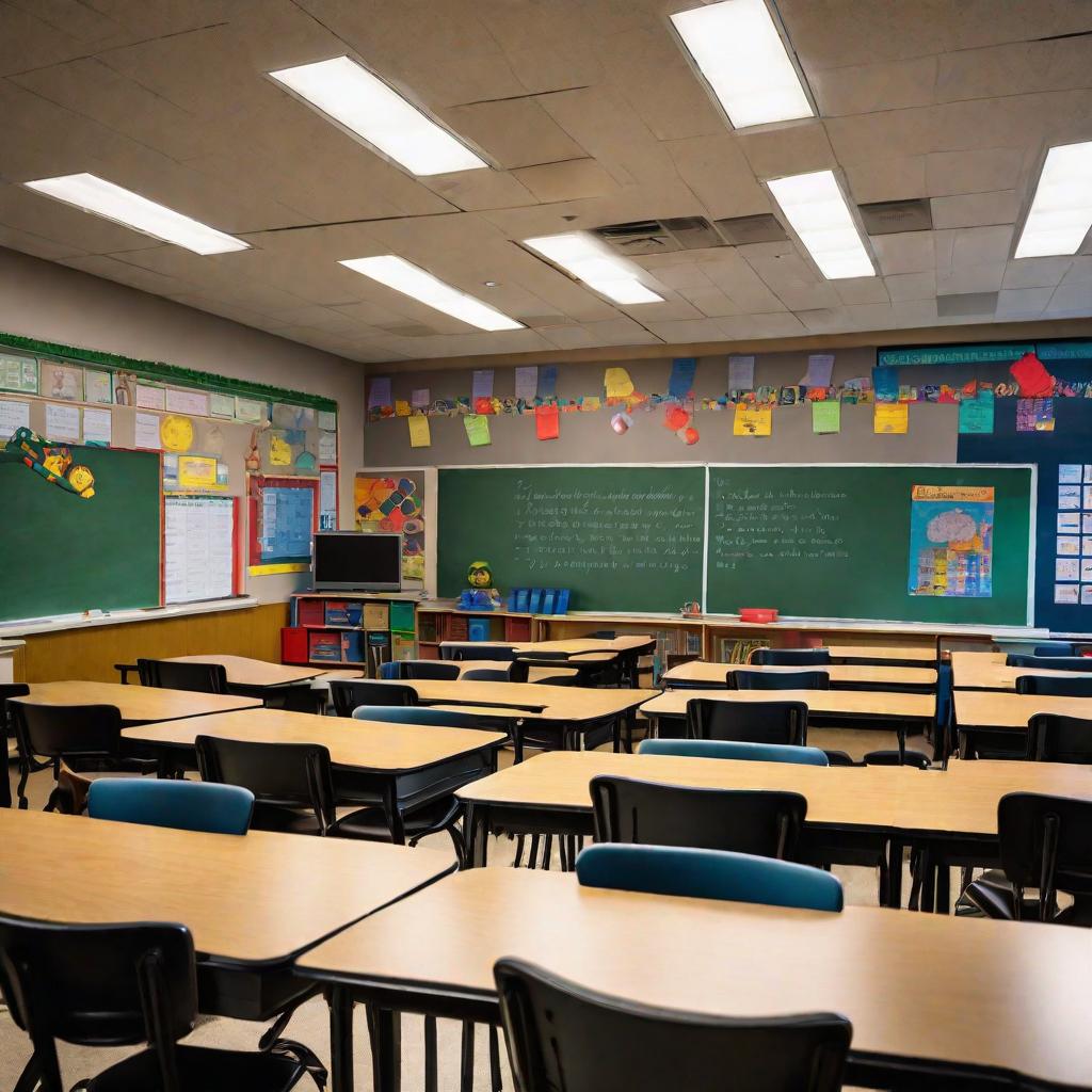  masterpiece, best quality, A dimly lit classroom with rows of desks and chairs neatly arranged. The walls are adorned with colorful educational posters, and a blackboard with chalk writings stands at the front. The atmosphere feels calm and focused, with a sense of anticipation in the air. The style is a realistic photograph, capturing the details of the classroom with precision. The lighting is soft and diffused, coming from large windows on one side of the room. The prompt is realized with a high-quality DSLR camera using a wide-angle lens to showcase the entire classroom.