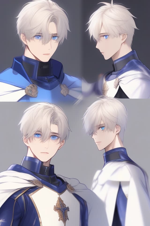  Masterpiece, Holy Knight, Handsome, Good Looking, Blue Eye Color, {(TWO BLOCK) Haircut)} (Expressionless) Wearing White Knight's Outfit, High Quality, 8k